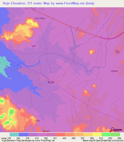 Kuje,Nigeria Elevation Map