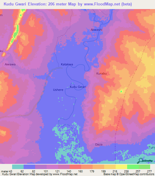 Kudu Gwari,Nigeria Elevation Map