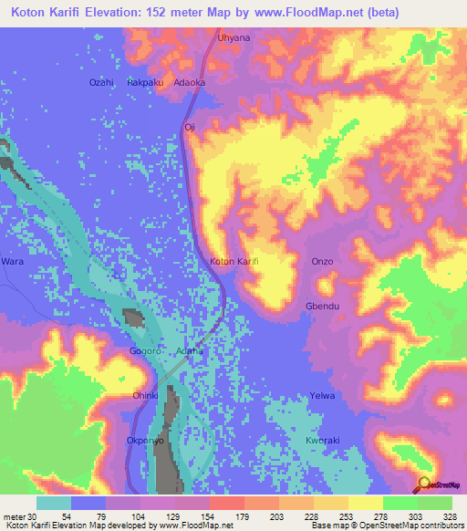 Koton Karifi,Nigeria Elevation Map