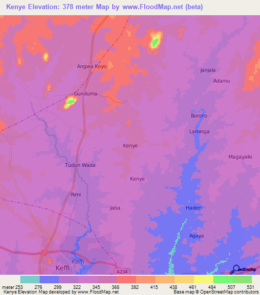 Kenye,Nigeria Elevation Map