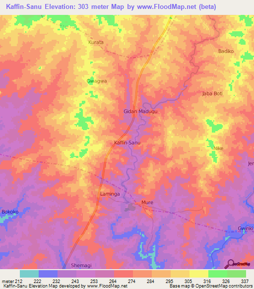 Kaffin-Sanu,Nigeria Elevation Map