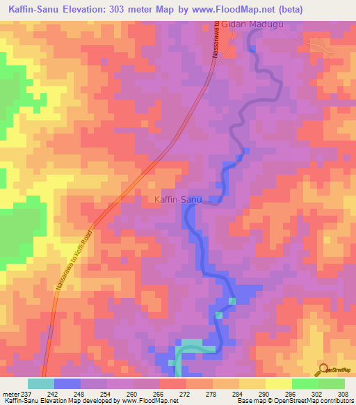 Kaffin-Sanu,Nigeria Elevation Map