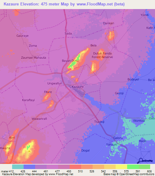 Kazaure,Nigeria Elevation Map