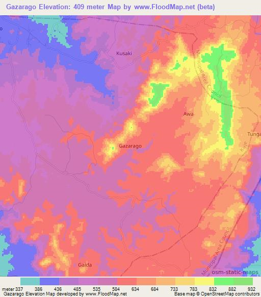 Gazarago,Nigeria Elevation Map