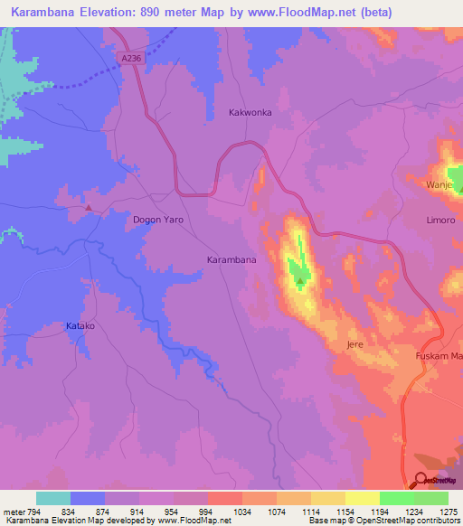 Karambana,Nigeria Elevation Map