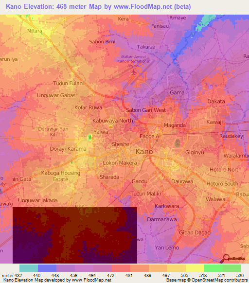 Kano,Nigeria Elevation Map