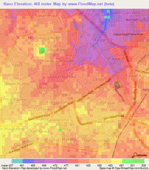 Kano,Nigeria Elevation Map