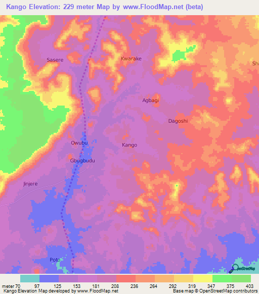 Kango,Nigeria Elevation Map