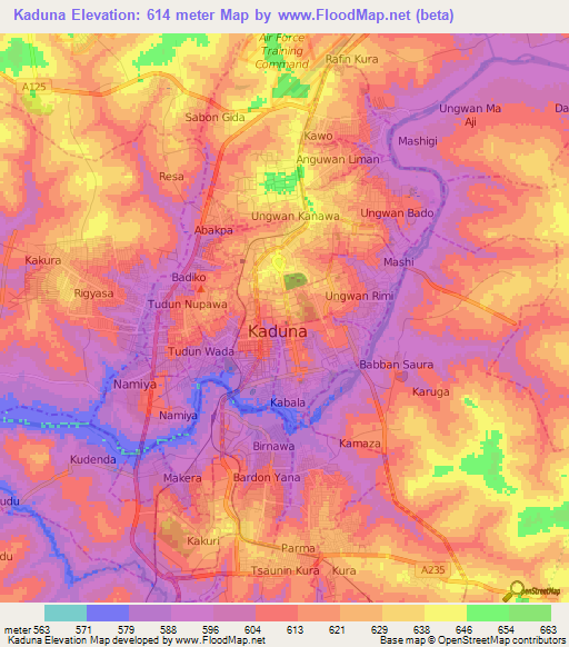 Kaduna,Nigeria Elevation Map