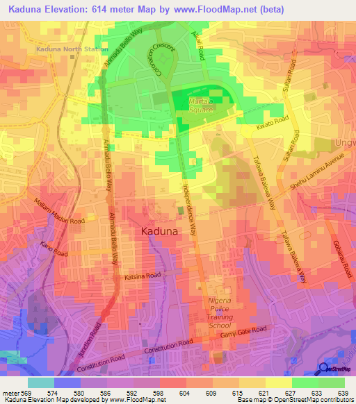 Kaduna,Nigeria Elevation Map