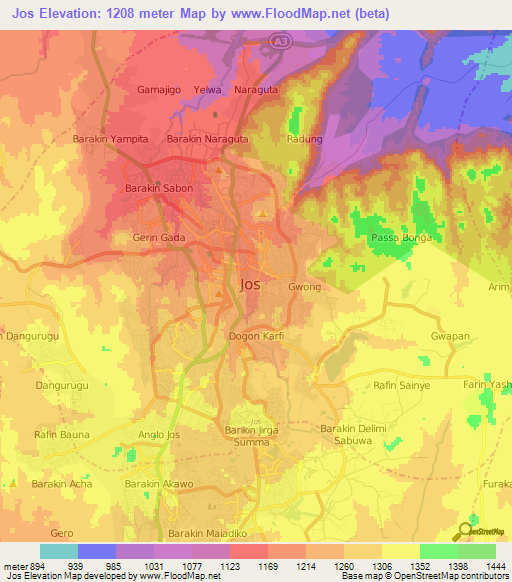 Jos,Nigeria Elevation Map