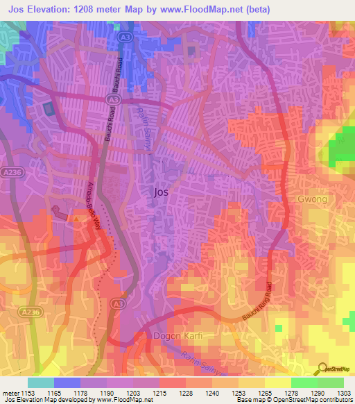 Jos,Nigeria Elevation Map