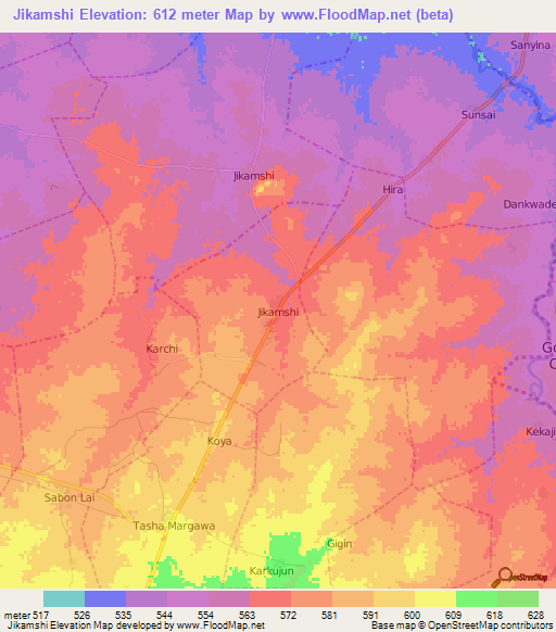 Jikamshi,Nigeria Elevation Map