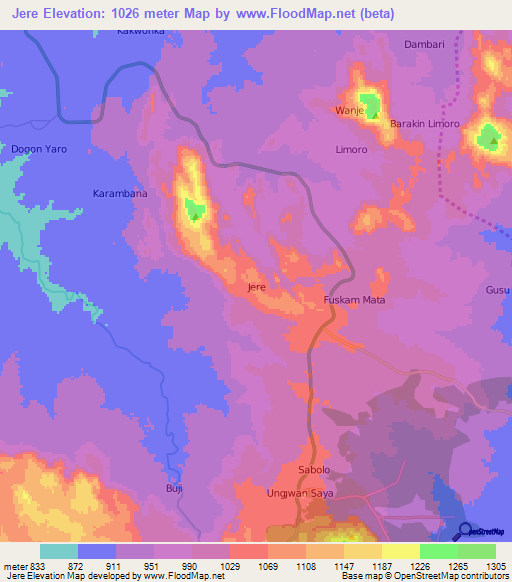 Jere,Nigeria Elevation Map