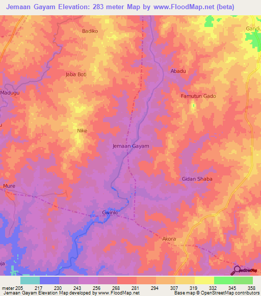 Jemaan Gayam,Nigeria Elevation Map