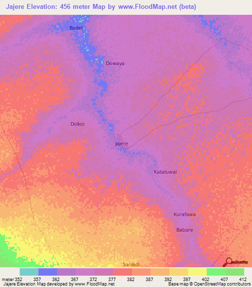 Jajere,Nigeria Elevation Map