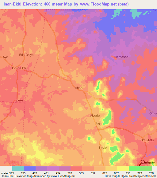 Isan-Ekiti,Nigeria Elevation Map