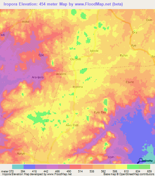 Iropora,Nigeria Elevation Map