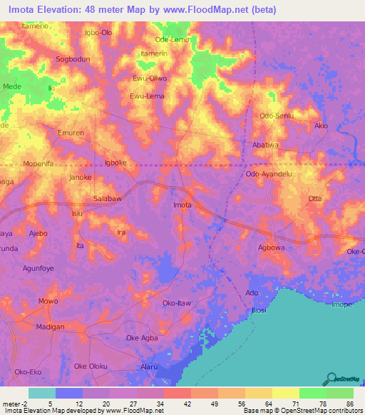 Imota,Nigeria Elevation Map