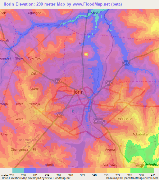 Ilorin,Nigeria Elevation Map