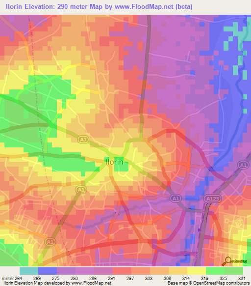 Ilorin,Nigeria Elevation Map