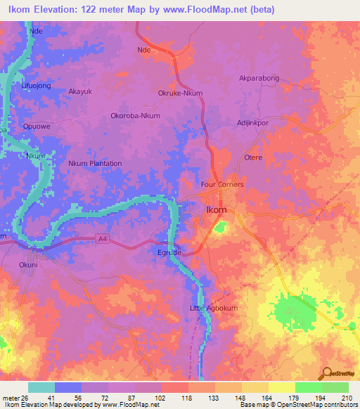 Ikom,Nigeria Elevation Map