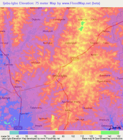 Ijebu-Igbo,Nigeria Elevation Map
