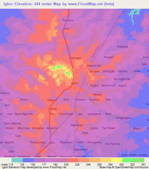 Igbor,Nigeria Elevation Map