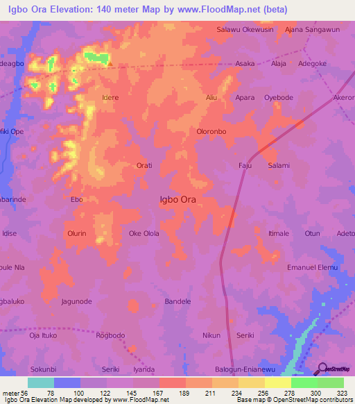 Igbo Ora,Nigeria Elevation Map