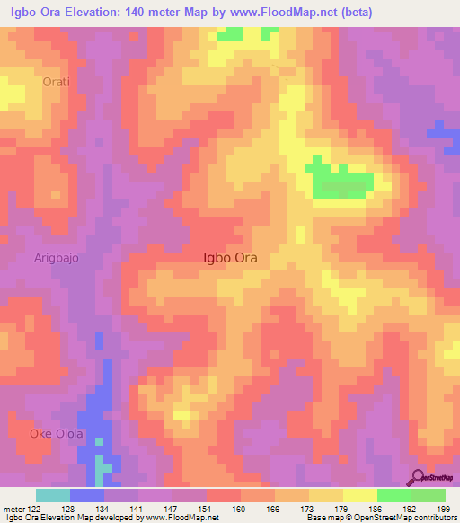 Igbo Ora,Nigeria Elevation Map