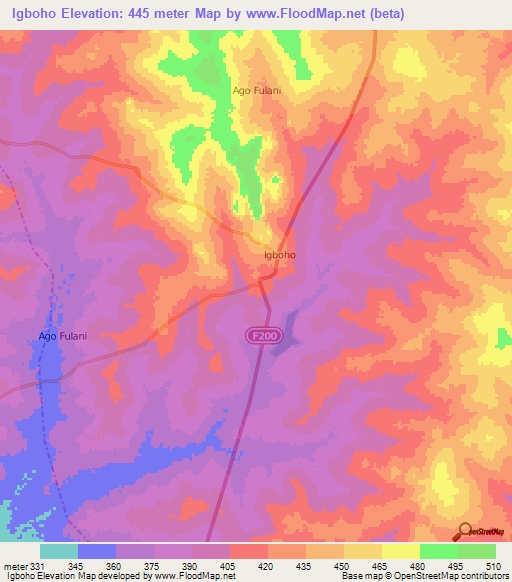 Igboho,Nigeria Elevation Map