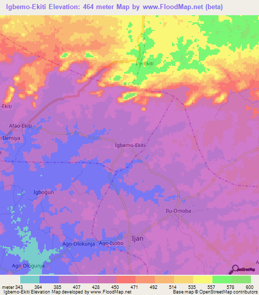 Igbemo-Ekiti,Nigeria Elevation Map