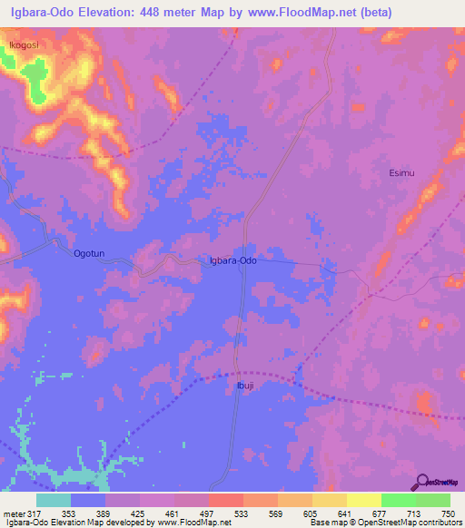 Igbara-Odo,Nigeria Elevation Map