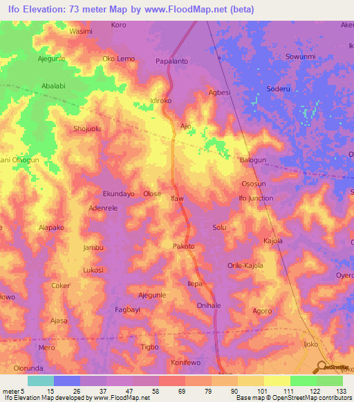 Ifo,Nigeria Elevation Map