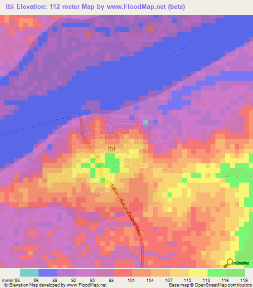 Ibi,Nigeria Elevation Map