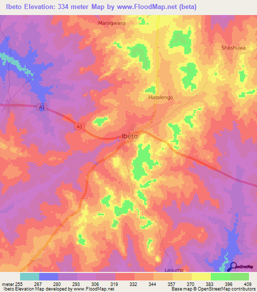 Ibeto,Nigeria Elevation Map