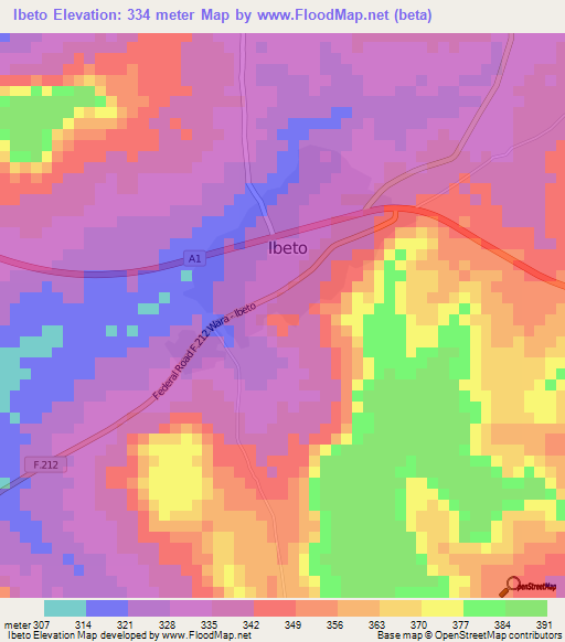 Ibeto,Nigeria Elevation Map