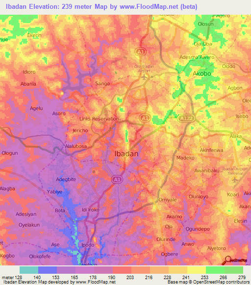 Ibadan,Nigeria Elevation Map