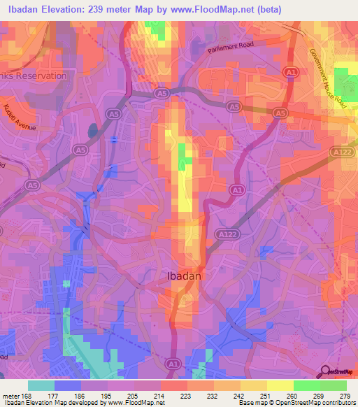 Ibadan,Nigeria Elevation Map