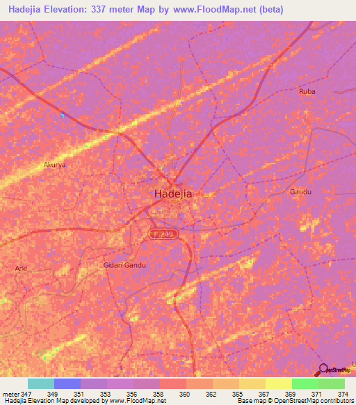 Hadejia,Nigeria Elevation Map