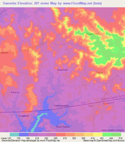 Gwombe,Nigeria Elevation Map