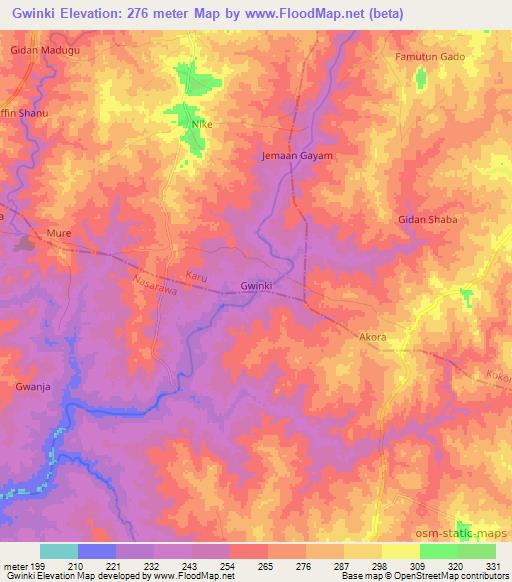 Gwinki,Nigeria Elevation Map