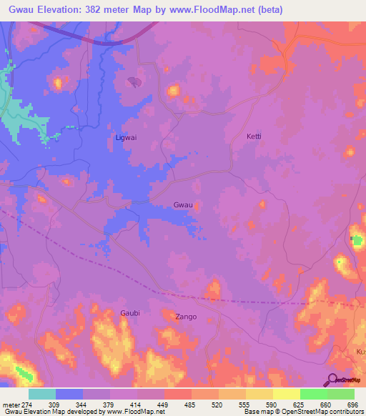 Gwau,Nigeria Elevation Map