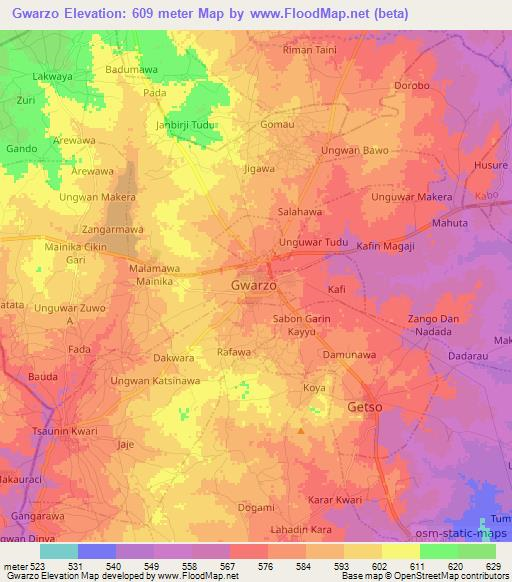 Gwarzo,Nigeria Elevation Map