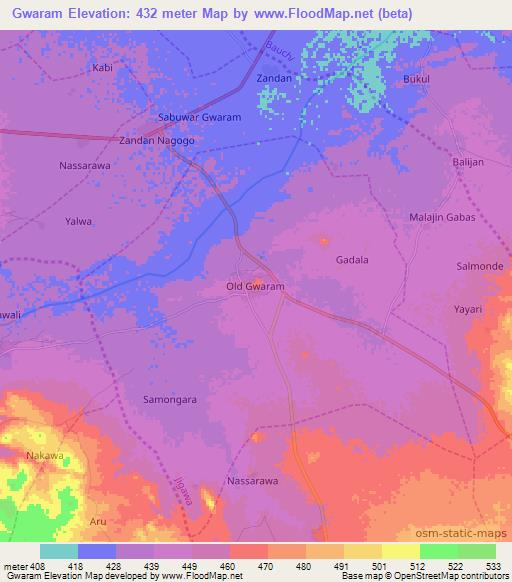 Gwaram,Nigeria Elevation Map