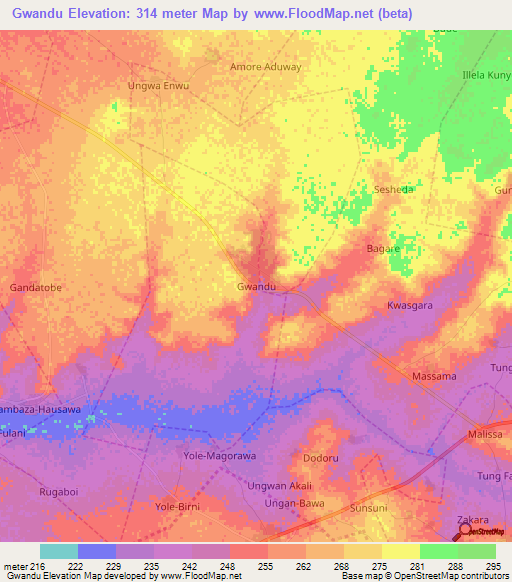 Gwandu,Nigeria Elevation Map