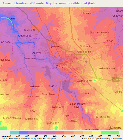 Gusau,Nigeria Elevation Map