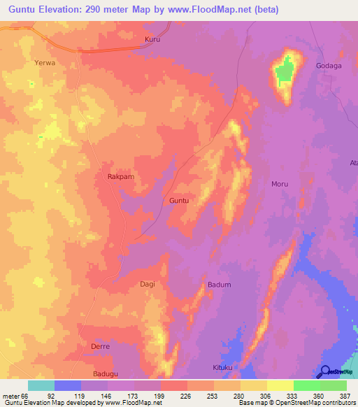 Guntu,Nigeria Elevation Map