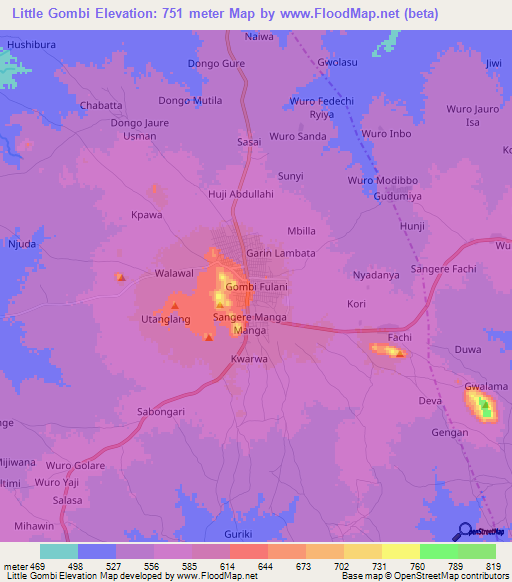 Little Gombi,Nigeria Elevation Map