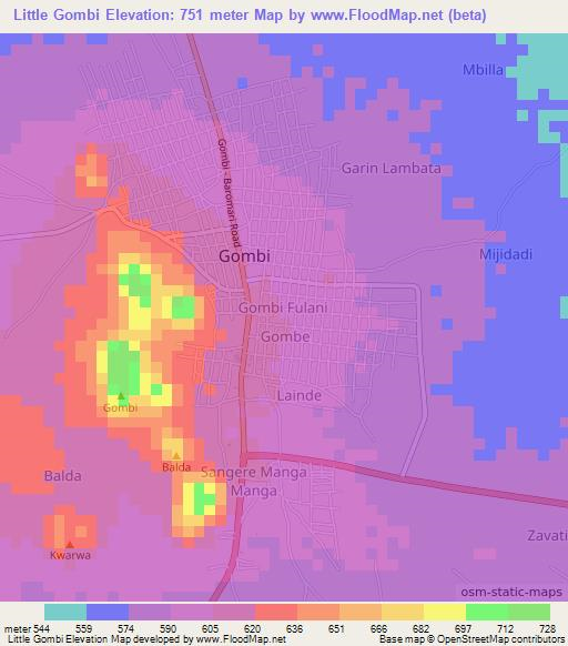 Little Gombi,Nigeria Elevation Map